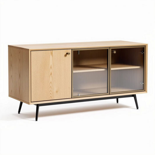 Meuble de rangement en bois de pin avec portes en verre 150 x 40 x 70cm