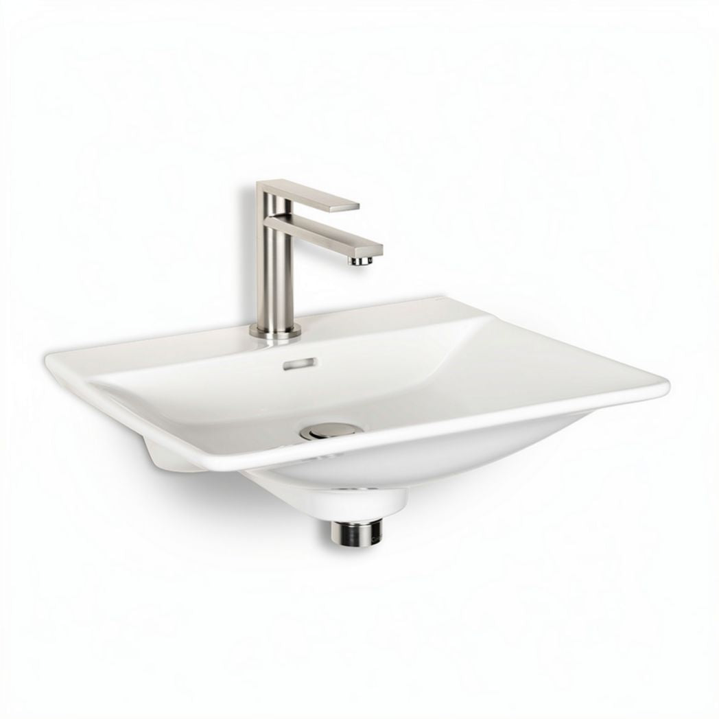 Lavabo carré en céramique blanche avec robinet en acier inoxydable 60 x 40 x 15cm