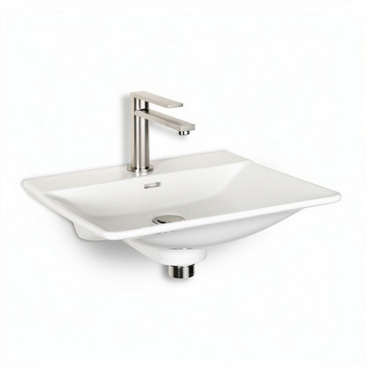Lavabo carré en céramique blanche avec robinet en acier inoxydable 60 x 40 x 15cm