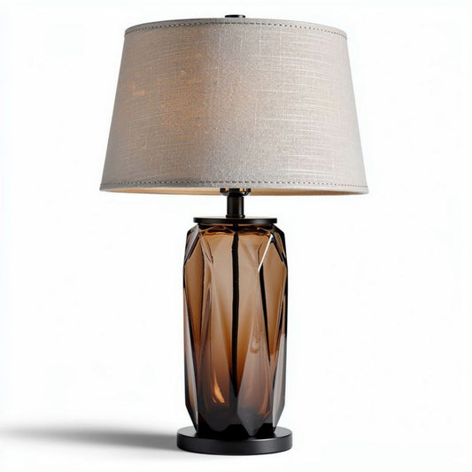 Lampe de table en verre teinté brun avec abat-jour en lin 30 x 30 x 60cm
