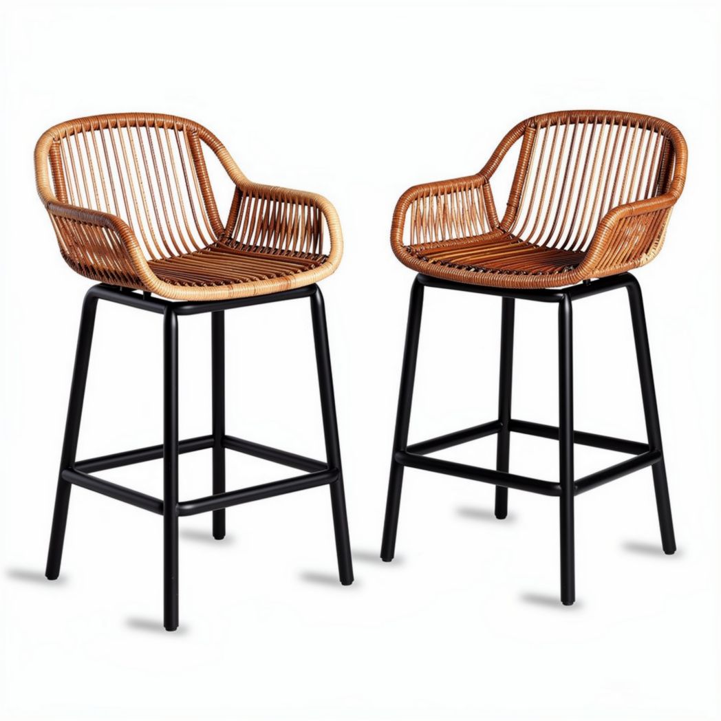 Tabourets de bar en rotin tressé structure en métal noir 45 x 50 x 100cm