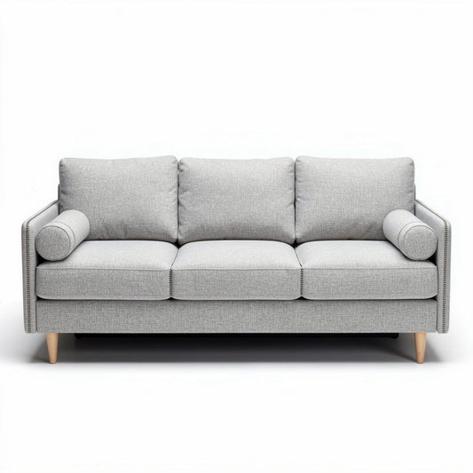 Canapé en tissu gris avec coussins roulés et pieds en bois 190 x 85 x 85cm